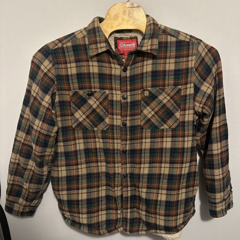 Coleman Plaid Button Heavy Shirt Fleece Lined Large Brown Blue